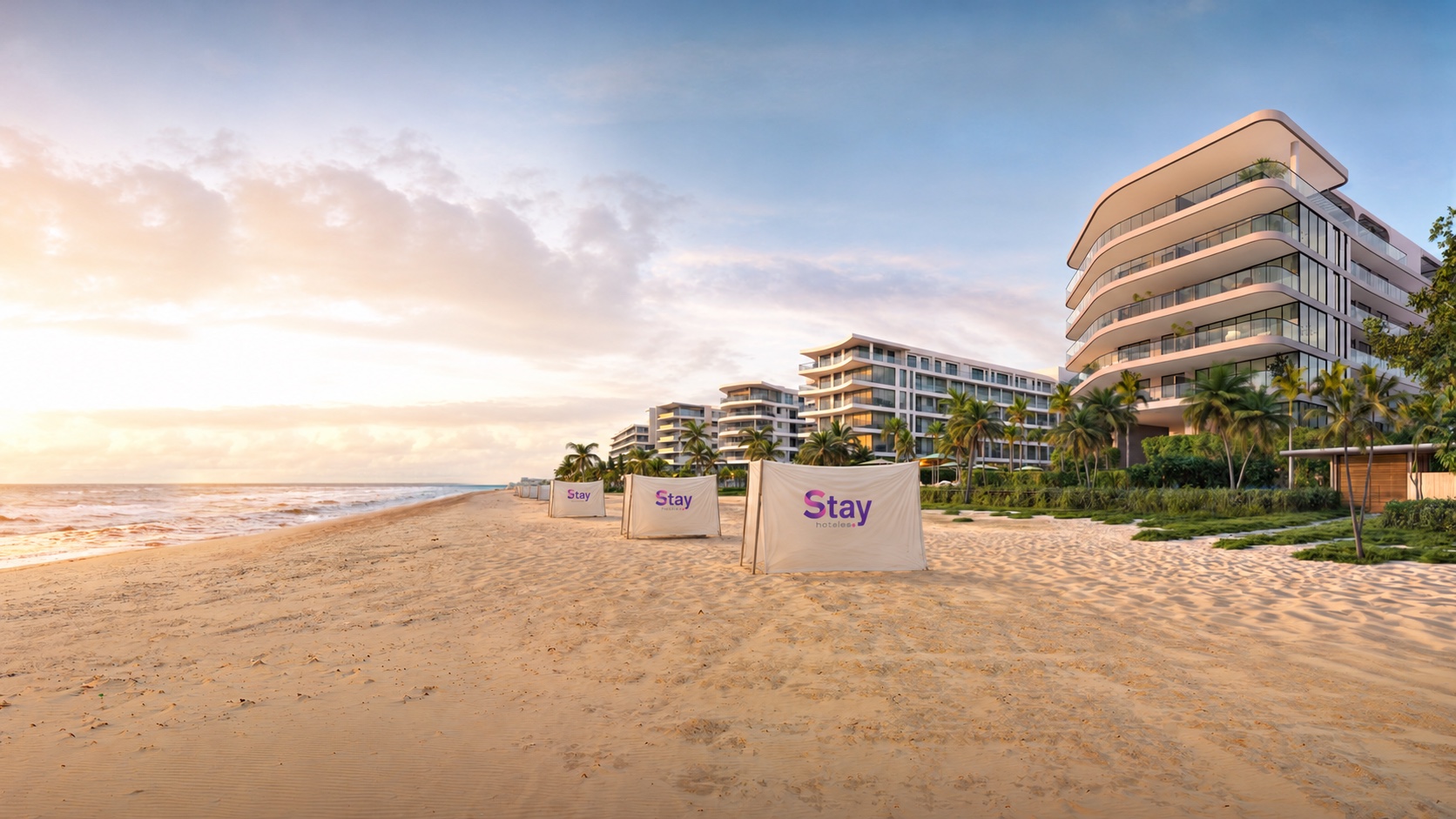 Vista de playa y alojamientos con identidad Stay Hoteles en las carpas